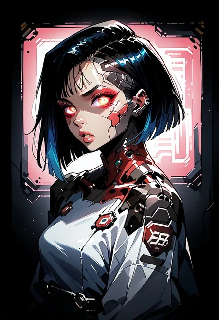 score_9, score_8_up, score_7_up, score_6_up, 19 year old, asian, e-girl, watercolor painting, cyborg, robotic, woman, skinny, petite, makeup, perky nose, parted lips, (hands down, arms down), machine, cybernetic skin, (puffy lips:0.85), bobcut, multicolored hair, looking at viewer, from above, left side view, portrait, g0th1c, glowing, neon lights, glowing eyes, phanostrata, geishastyle