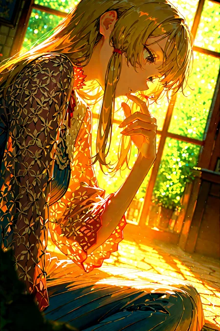 score_9, score_8_up, score_7_up, 1girl, cinematic angle, a woman sitting on the ground in a garden with her hand on her face and her hand on her chin, global illumination, a detailed painting, remodernism, dappled sunlight, light leaks, winter Garden, leaf, Depth of field, 4k wallpaper, cinematic shadows, vibrant, oil painting, [(simple background:1.2)::0.2], (oil painting background:1.2), masterpiece, best quality, amazing quality, very aesthetic, absurdres, highres, newest, intricate details, high contrast, brilliant skin, shiny skin, <lora:ponyv4_noob1_2_adamW:1.0> <lora:enhancerV4-pony:1> <lora:illustrious_noobai_epsilon_pred_1_best_quality_v1:1> <lora:illustrious_noobai_epsilon_pred_1_masterpieces_v1:1>
