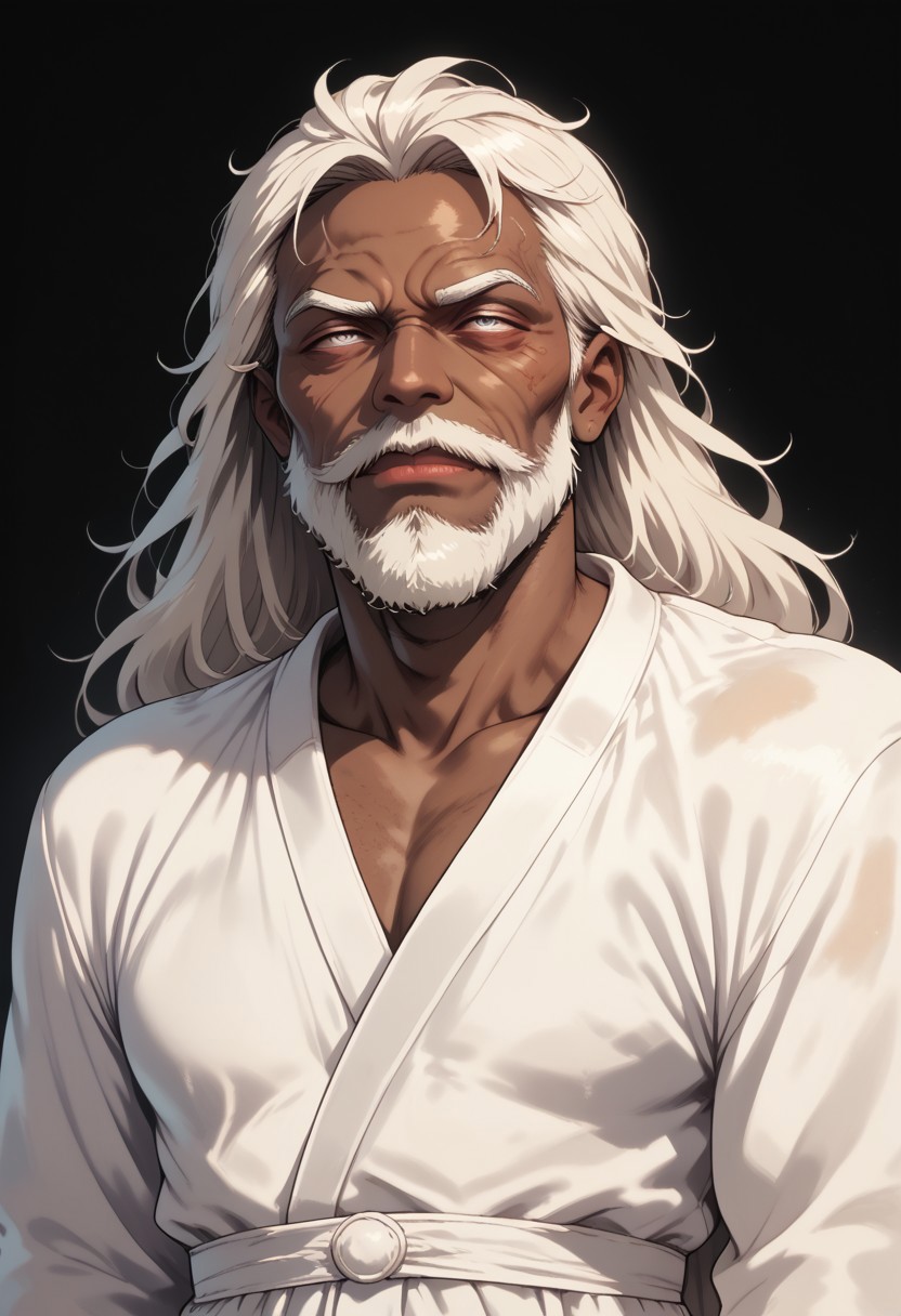 male focus, solo focus, solo, score_9, score_8_up, score_7_up, 1 boy, dark skin, dark skinned male, very dark skin, white hair, long beard, long hair, monk, white robe, white eyes, blind eyes, wrinkles, wrinkled face, wrinkled, wrikly, old, mature, old man