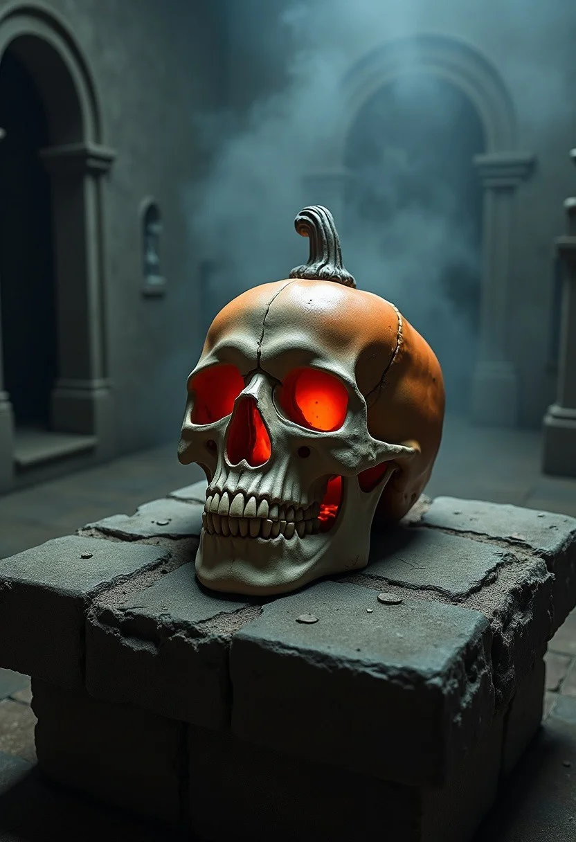 surreal, a skull on a stone slab, the skull has an internal orange glow like a jack-o-lantern, the skull has a pumpkin stem on top, extremely dark and smoky environment, tomb like room can barely be seen in the background, creepy and extremely realistic details.