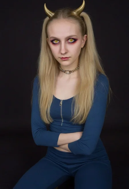 1girl, Detailed natural skin and blemishes without-makeup and acne,blonde hair, chain collar, forehead mark, forehead, long hair, navel, pointy ears, devil, devil horns, ponytail, slit pupils, solo, very long hair, wide-eyed, yellow eyes, looking at viewer, dark background, tight pants, blue pants, on one knee, Kneeling,
BREAK,masterpiece, best quality,score_7_up,score_8_up,score_9, score_5_up,score_6_up,