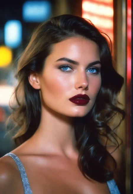 CinematicPortrait woman analog photo brunette ( ) masterpiece indoors, (glossy dark lipstick), blue eyes, (shop window street lights), soft focus, depth of field, film grain, (((looking at viewer))) <lora:CinematicPortraitXL_v3:0.25> <lora:EuroBabe-v4-XL:0.35>