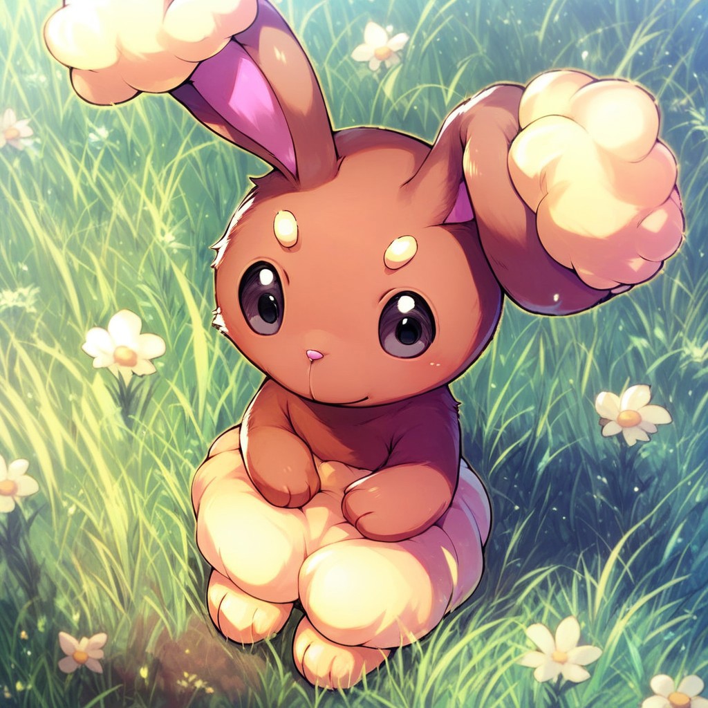 score_9, score_8, score_7, break, buneary, furry, pokemon_(creature), black eyes, brown fur, body fur, rabbit ears, sitting, grass, looking at viewer, cute,