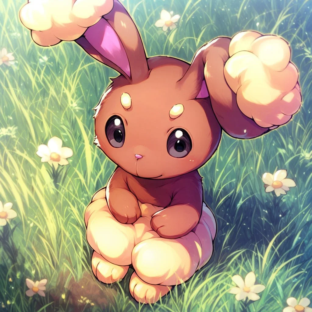 score_9, score_8, score_7, break, buneary, furry, pokemon_(creature), black eyes, brown fur, body fur, rabbit ears, sitting, grass, looking at viewer, cute,
