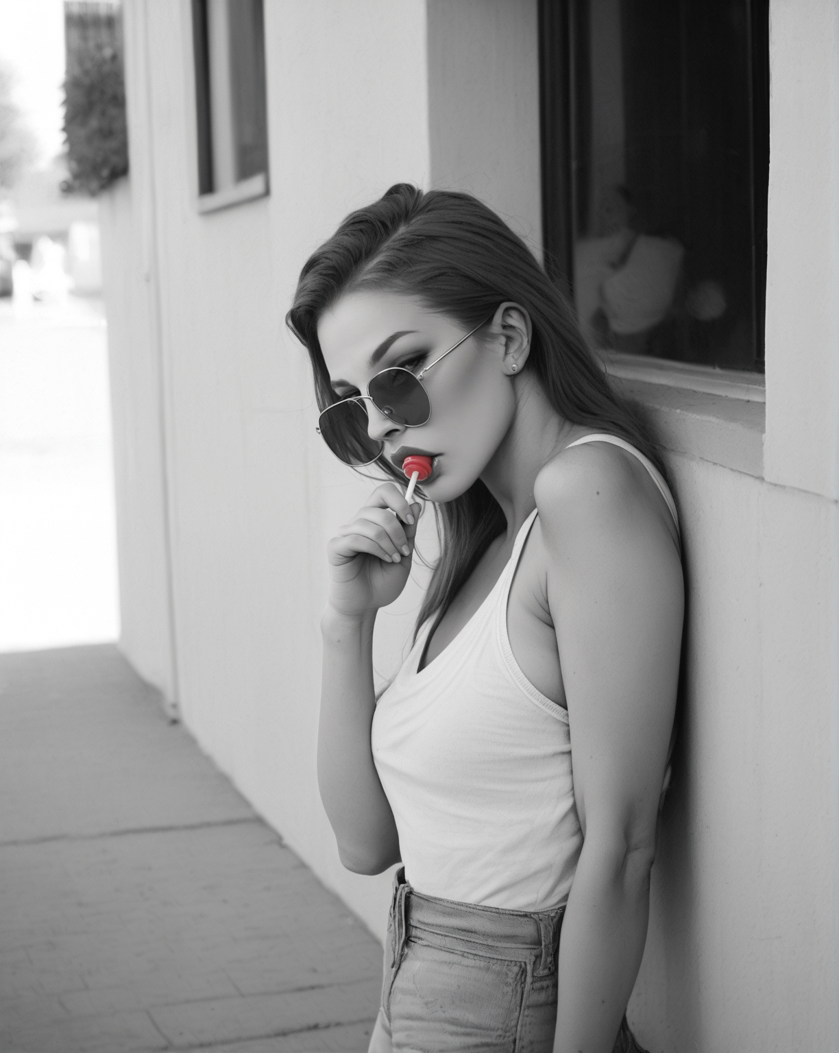 1girl, sunglasses, lollipop, outside, shadows  <lora:Mono_Photo_V1b_m7:1> monochrome, greyscale, score_9, score_8_up,score_7_up, score_6_up, score_5_up, score_4_up,  realistic