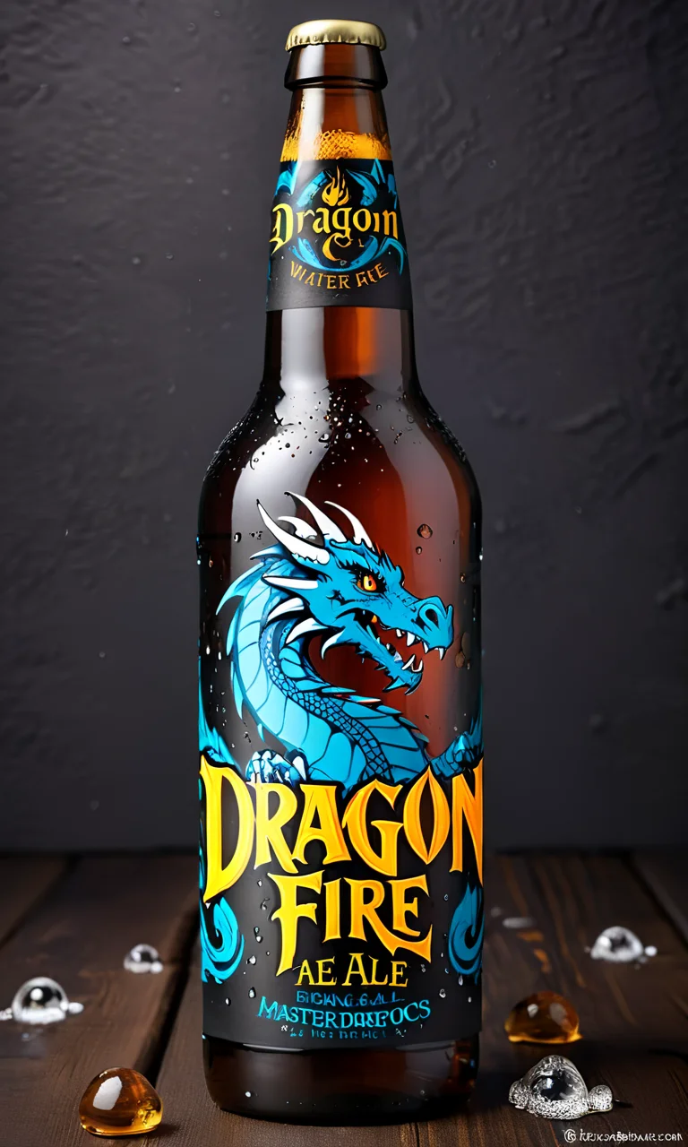 <lora:bevlabsdxl:0.9>,a beer bottle with a dragon on it, text " Dragon Fire Ale", bevlabsdxl, best quality, masterpiece, water droplets, logo