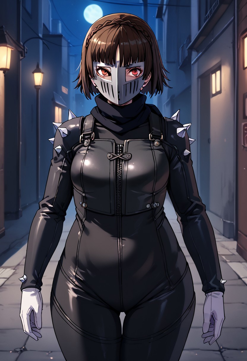 score_9, score_8_up, score_7_up, score_6_up, score_5_up, score_4_up, source_anime
1 girl, solo
p5makoto, niijima makoto, brown hair, blunt bangs, crown braid, red eyes,
p5makoto-queen, bodysuit, black bodysuit, spikes, shoulder spikes, white gloves, scarf, black scarf, mask, biker clothes, mouth,
outside, cowboy shot, dark, alley, street, streetlight, shadows, full moon, starlight,