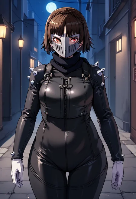 score_9, score_8_up, score_7_up, score_6_up, score_5_up, score_4_up, source_anime
1 girl, solo
p5makoto, niijima makoto, brown hair, blunt bangs, crown braid, red eyes,
p5makoto-queen, bodysuit, black bodysuit, spikes, shoulder spikes, white gloves, scarf, black scarf, mask, biker clothes, mouth,
outside, cowboy shot, dark, alley, street, streetlight, shadows, full moon, starlight,
