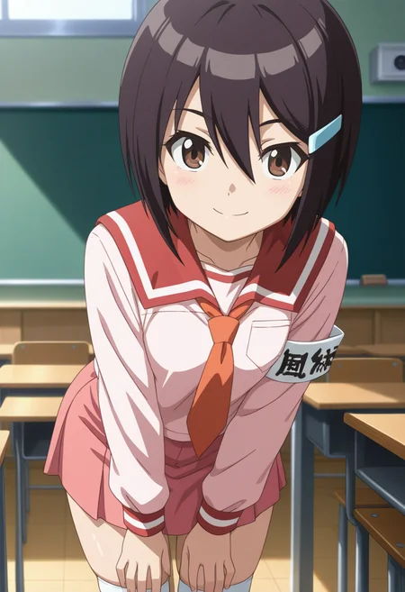 masterpiece, best quality, amazing quality, 1girl, solo, cowboy shot, mawariww, brown eyes, black hair, short hair, hair between eyes, hairclip, school uniform, pink serafuku, red sailor collar, pink shirt, long sleeves, armband, red pleated skirt, socks, looking at viewer, smile, indoors, day, skindentation, detailed clothing folds, depth of field, sharp, high contrast, dynamic light <lora:Zenigata_Mawari_Seto_no_Hanayome_ill_v20:0.9>