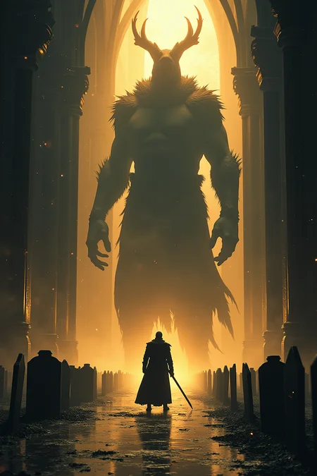 A captivating dark fantasy scene in a grand, gothic cathedral. Towering pillars and intricate designs surround the colossal, dark figure with antler-like structures, looming ominously. Floating snowflakes and golden light illuminate the eerie atmosphere, creating a contrast between the darkness and the ethereal glow. In the foreground, a lone warrior or knight stands, determined and brave, holding a weapon to face the mysterious entity. The wet ground reflects the golden light, and the cathedral's solemn ambiance is heightened by the numerous gravestones scattered around. This captivating scene is perfect for a cinematic poster, inviting viewers into a world of dark fantasy and intrigue.