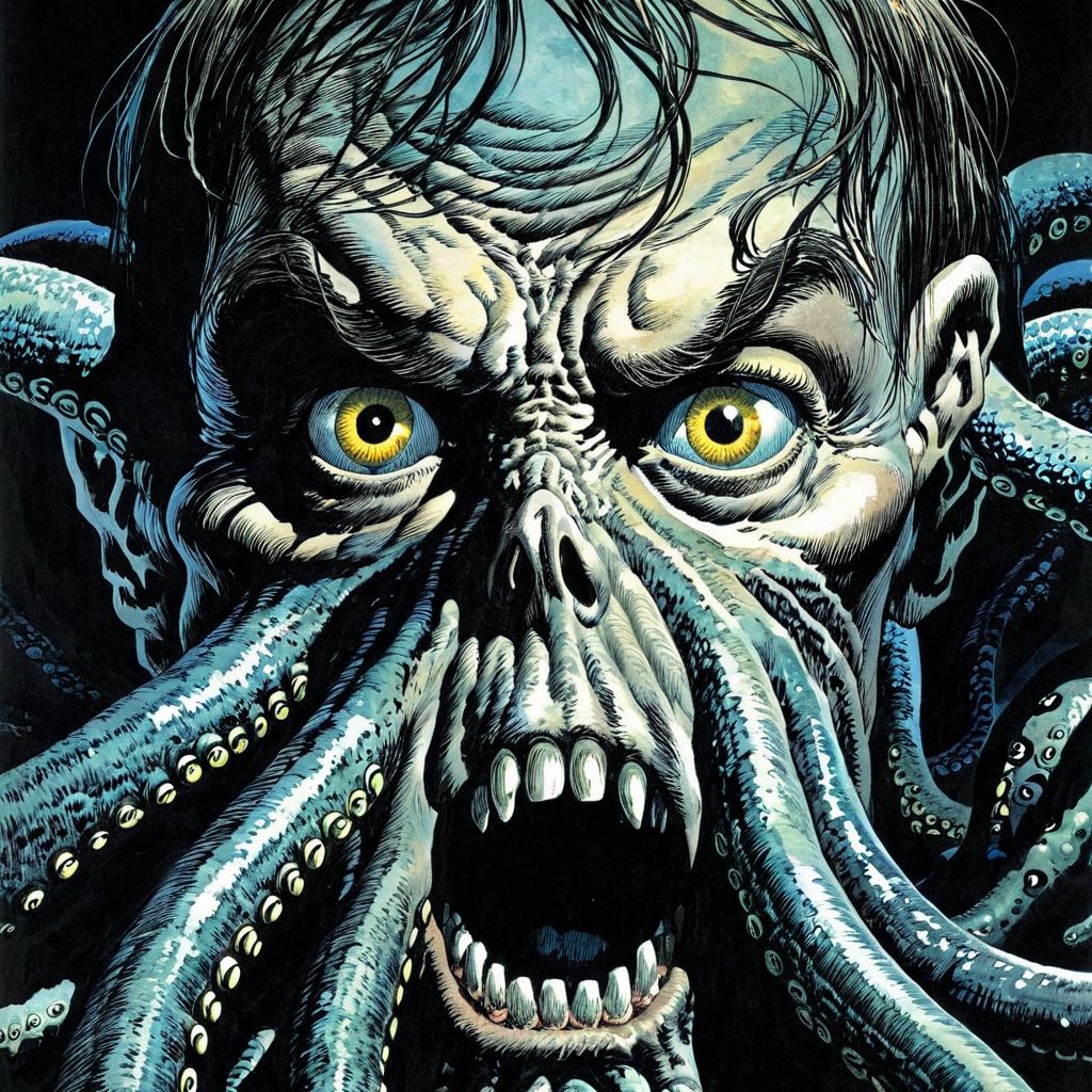 color illustration in berniewrightson style, extremely detailed, masterpiece, tenebrism, high contrast, 
Kraken
 haunted eyes, 
Quantum flux field in the background,
horrified expression
  <lora:BernieWrightson_Style_XL_V4.1:0.7>