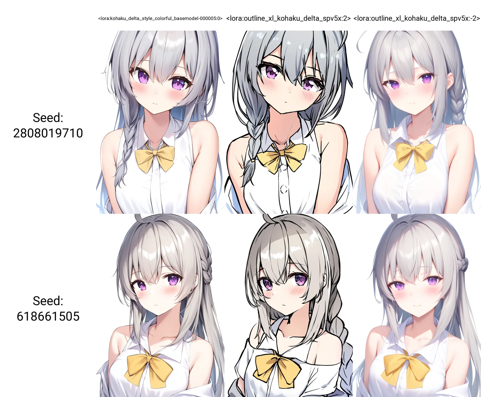 1girl,solo,long hair,looking at viewer,blush,bangs,simple background,white background,ribbon,hair between eyes,bare shoulders,closed mouth,purple eyes,collarbone,white shirt,upper body,ahoge,grey hair,open clothes,collared shirt,bowtie,off shoulder,sleeveless shirt,single braid,yellow bow,
masterpiece,best quality,absurdres,
<lora:kohaku_delta_style_colorful_basemodel-000005:0>