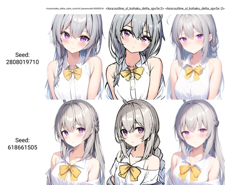 1girl,solo,long hair,looking at viewer,blush,bangs,simple background,white background,ribbon,hair between eyes,bare shoulders,closed mouth,purple eyes,collarbone,white shirt,upper body,ahoge,grey hair,open clothes,collared shirt,bowtie,off shoulder,sleeveless shirt,single braid,yellow bow,
masterpiece,best quality,absurdres,
<lora:kohaku_delta_style_colorful_basemodel-000005:0>