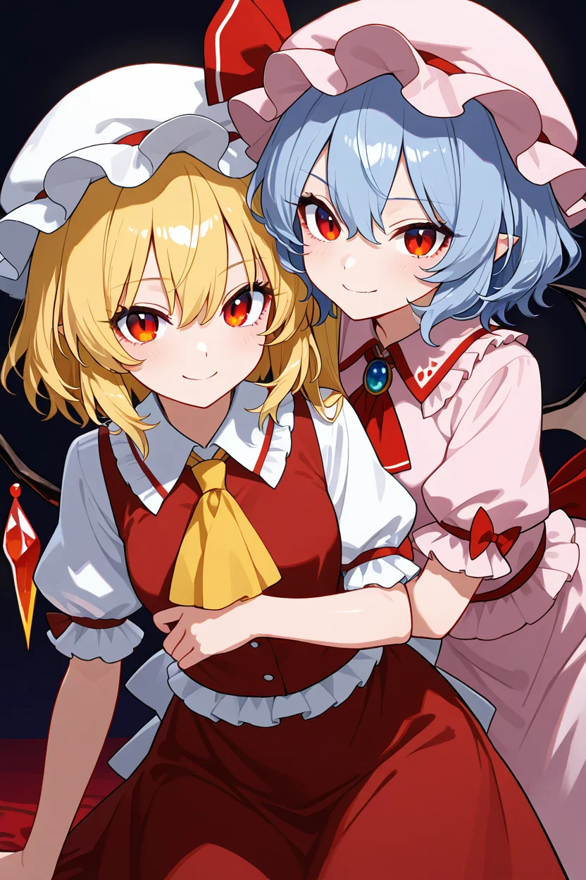 masterpiece, best quality, 21 year old model, eyelashes, (beautiful eyes), ,,,2girls, zzRemilia, red eyes, blue hair, short hair, hat, ribbon, wings, ascot, hat ribbon, pink dress, bat wings, short sleeves, frills, puffy sleeves, zzFlandre, red eyes, blonde hair, one side up, hair between eyes, wings, ascot, red skirt, hat ribbon, short sleeves, puffy sleeves, mob cap, red shirt, <lora:ScarletSistersIXL_v1:1.0>, , cowboy shot, leaning forward, smile, looking at viewer, shiny skin,