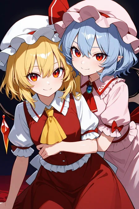 masterpiece, best quality, 21 year old model, eyelashes, (beautiful eyes), ,,,2girls, zzRemilia, red eyes, blue hair, short hair, hat, ribbon, wings, ascot, hat ribbon, pink dress, bat wings, short sleeves, frills, puffy sleeves, zzFlandre, red eyes, blonde hair, one side up, hair between eyes, wings, ascot, red skirt, hat ribbon, short sleeves, puffy sleeves, mob cap, red shirt, <lora:ScarletSistersIXL_v1:1.0>, , cowboy shot, leaning forward, smile, looking at viewer, shiny skin,