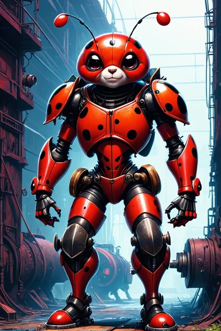 Detailed digital illustration of an anthro Ladybug (Pointing with confidence to distance) at a Abandoned cyberpunk factory with malfunctioning machinery, <lora:xl_more_art-full_v1:0.5>,  <lora:anthro_muscular:0.7> , <lora:madpunk:0.4> madpunk