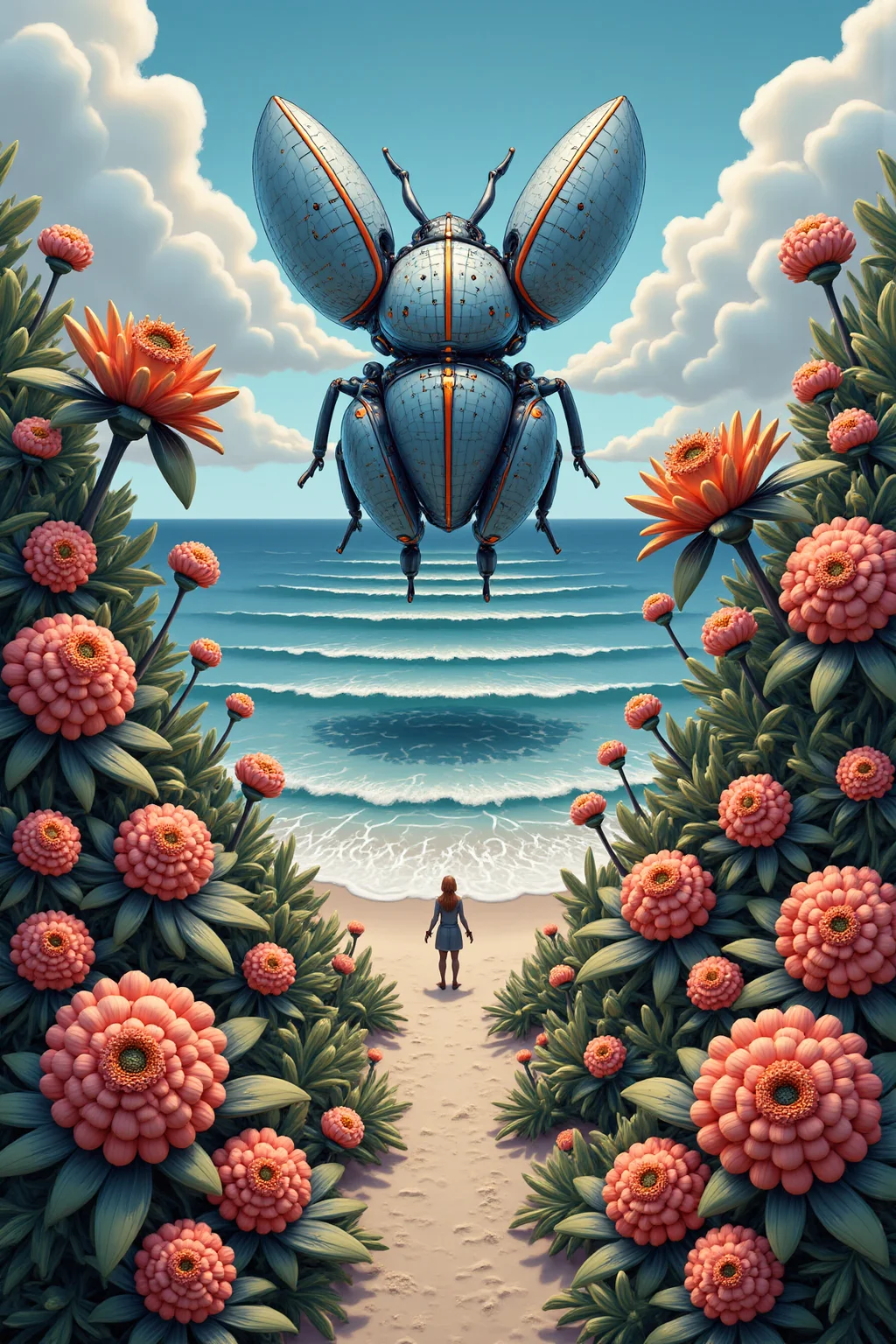 YFG-Ge0m, The image is featuring a beautiful aerial view of a spectacular beach. Fantastic vegetation, detailed flowers, futuristic led powered structures. Giant bugs shaped vehicles rising from the sea. Vivid color and very marked black outlines, precision, high contrast.
