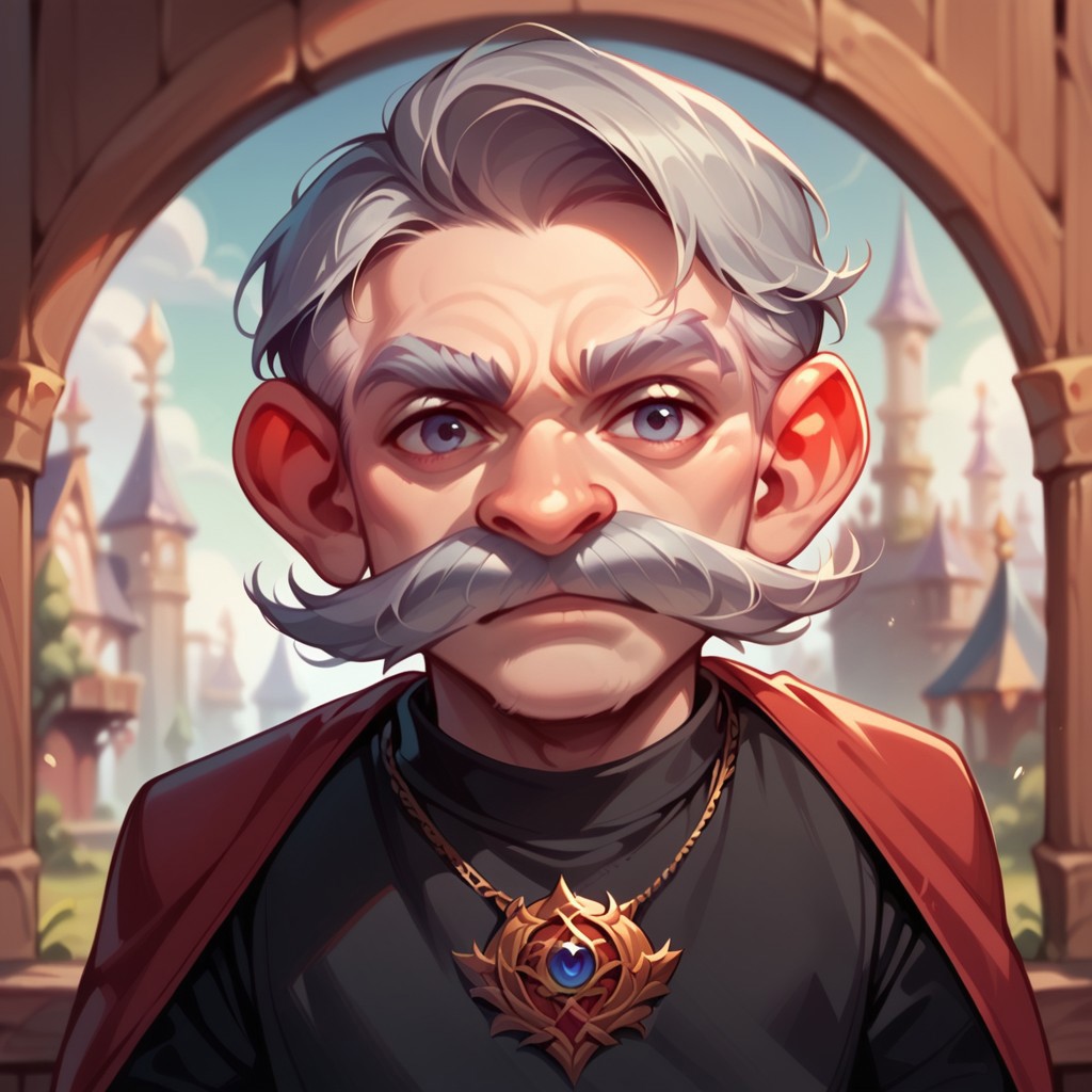 (((detailed, beautiful, high quality))), score_9, score_8_up, score_7_up, solo, upper body,
gnome, short stature, shortstack, big eyes, big ears,
1 boy, male focus, old man, gray hair, mustache, black sweater, red cape, 
looking at the viewer, posing,
fantasy background, blurred background,