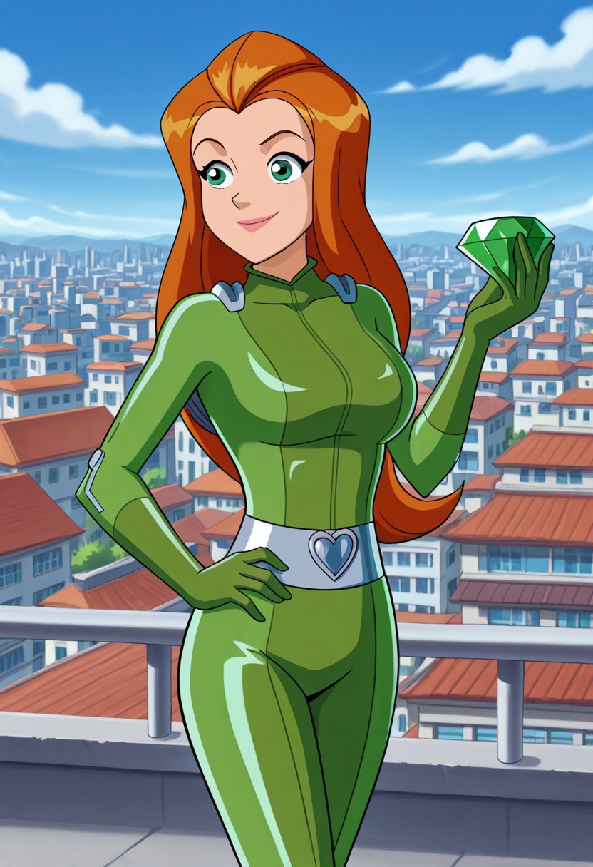 masterpiece, best quality, good quality, 1girl, solo, parody, official style, sam_totally_spies, long hair, orange hair, green eyes, green bodysuit, sexy, large breasts, beautiful, detailed, high detailed, very beautiful, detailed face, detailed eyes, detailed hand, city background, rooftop, blue sky, smile, standing, hand on hip, blue chaos emerald, holding, gem, holding gem