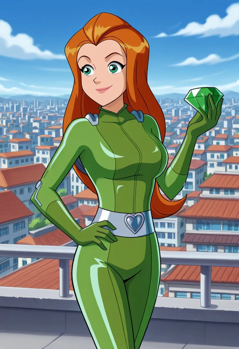 masterpiece, best quality, good quality, 1girl, solo, parody, official style, sam_totally_spies, long hair, orange hair, green eyes, green bodysuit, sexy, large breasts, beautiful, detailed, high detailed, very beautiful, detailed face, detailed eyes, detailed hand, city background, rooftop, blue sky, smile, standing, hand on hip, blue chaos emerald, holding, gem, holding gem