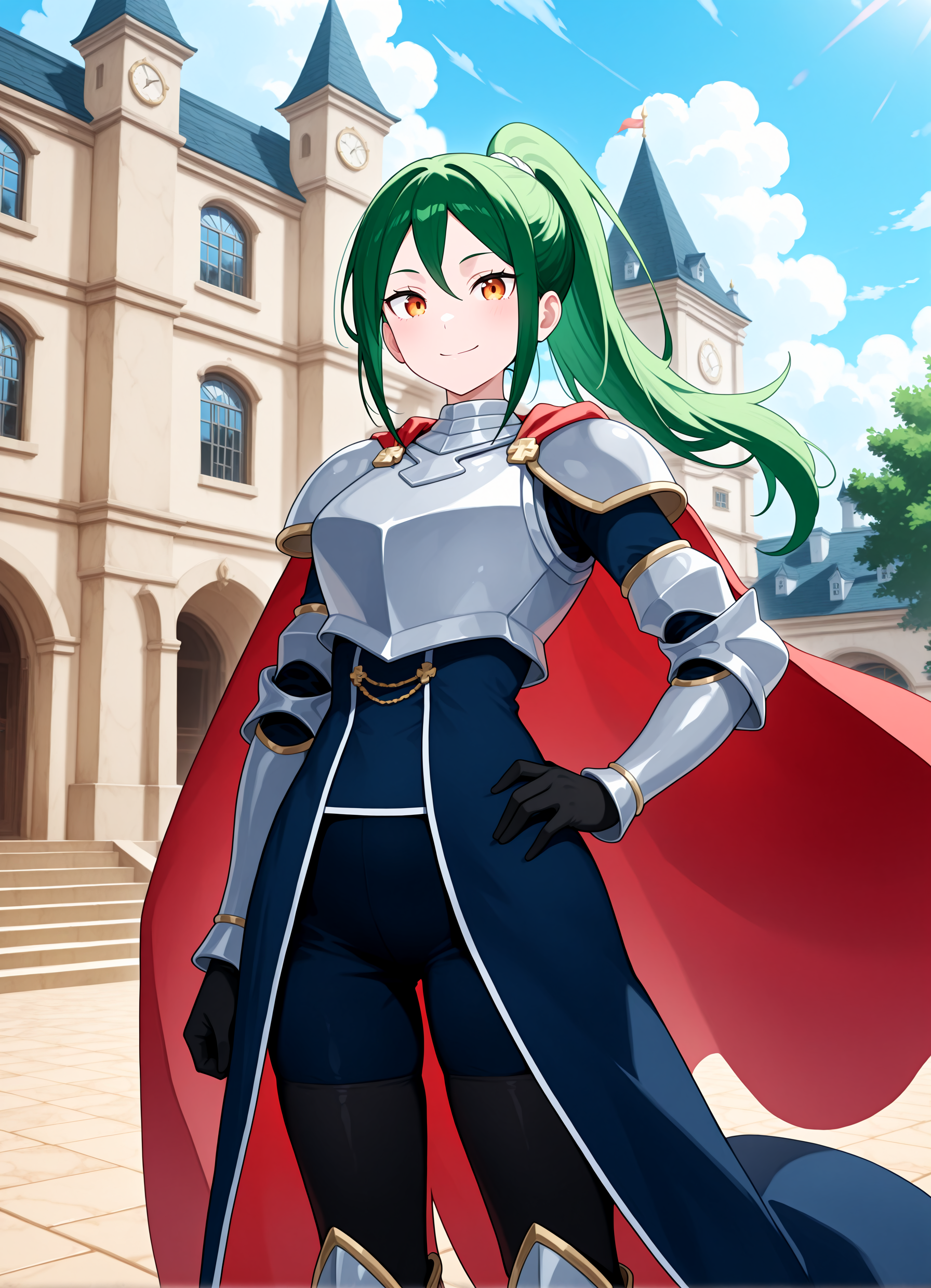 1girl, <lora:kncrusch_sn55:1>,crksn, green hair, ponytail, white hair tie, breastplate, pauldrons, red cape, blue dress, pants, black legwear, armored legwear, black gloves,
smile, hand on hip, squint,
looking at viewer, cowboy shot, straight shot,
medieval, sunshine, windows, mansion, blue sky, clouds, tiled floor,
high resolution, ultra-detailed, absurdres, masterpiece, best quality, good quality, newest,