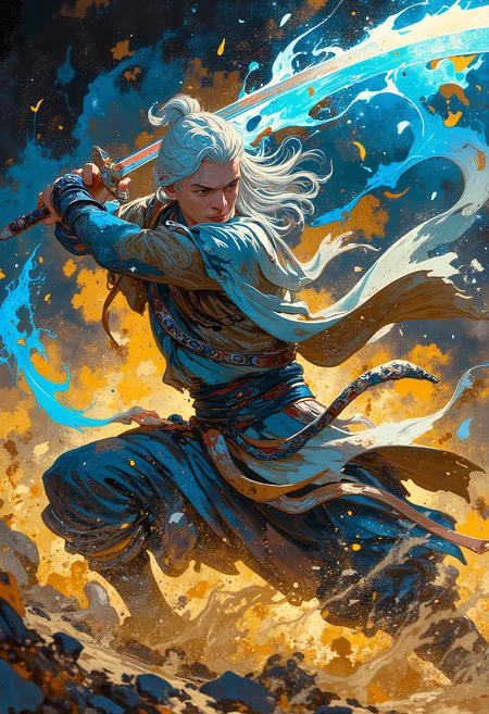 A master swordsman, dressed in flowing traditional attire, performing an elegant yet devastating slash. His longsword cuts through the air in a brilliant arc of light, leaving behind an ethereal blue trail of energy. His eyes burn with intense focus, his body balanced perfectly in motion. His expression is one of deep determination, unshaken by the battle around him. The environment swirls with vibrant colorsâgolden dust and deep blue shadowsâcontrasting his fluid but deadly attack. Motion blur and speed streaks give a sense of supernatural precision as his blade carves through the battlefield.