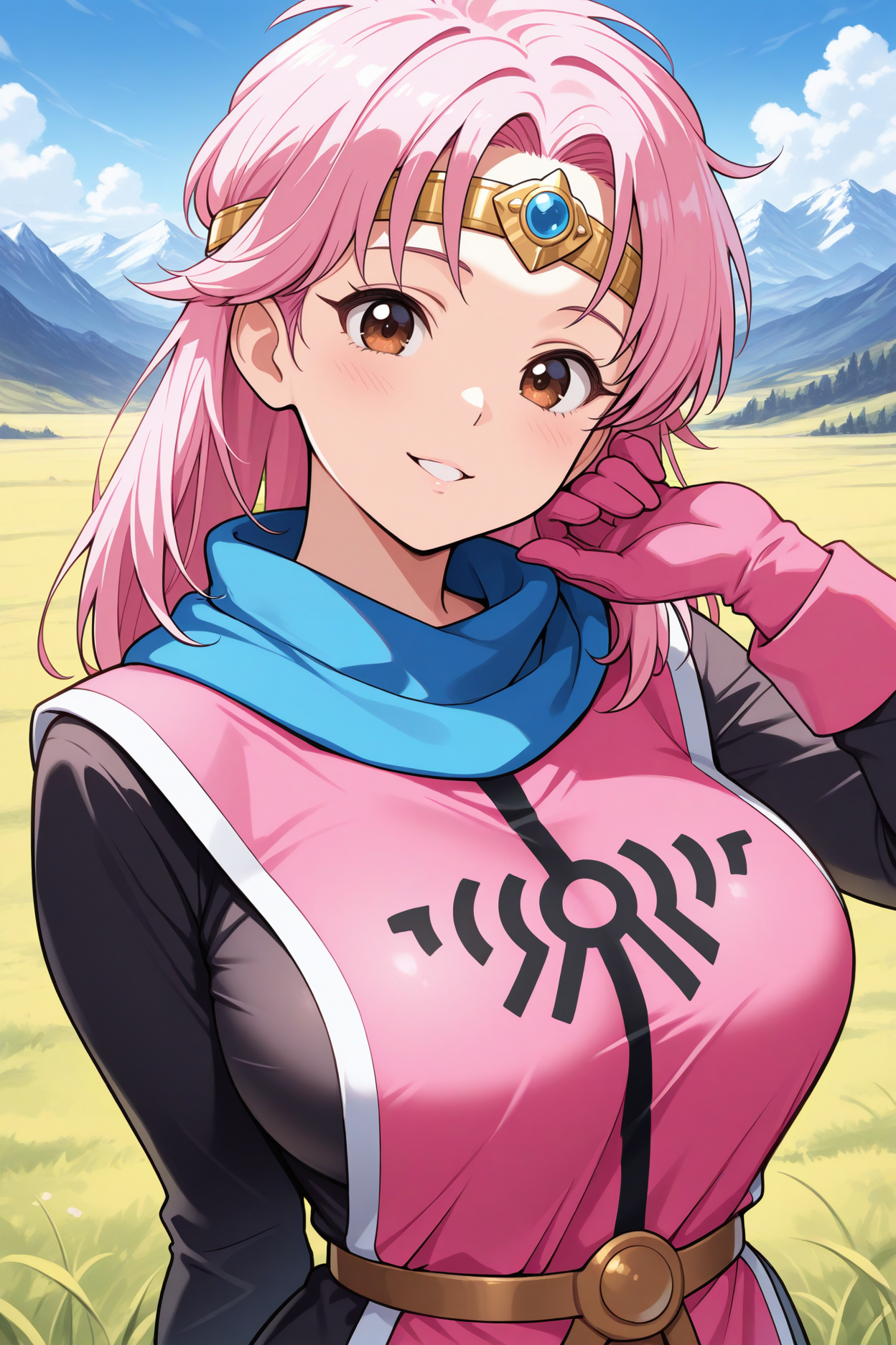 masterpiece, best quality, 1girl, solo, <lora:dqmaam-illu-nvwls-v1-000006:1> priestmm, pink hair, amber eyes, long hair, large breasts, circlet, blue scarf, black dress, long sleeves, pink tabard, pink gloves, upper body, smile, parted lips, blue sky, field, mountains, clouds, looking at viewer,