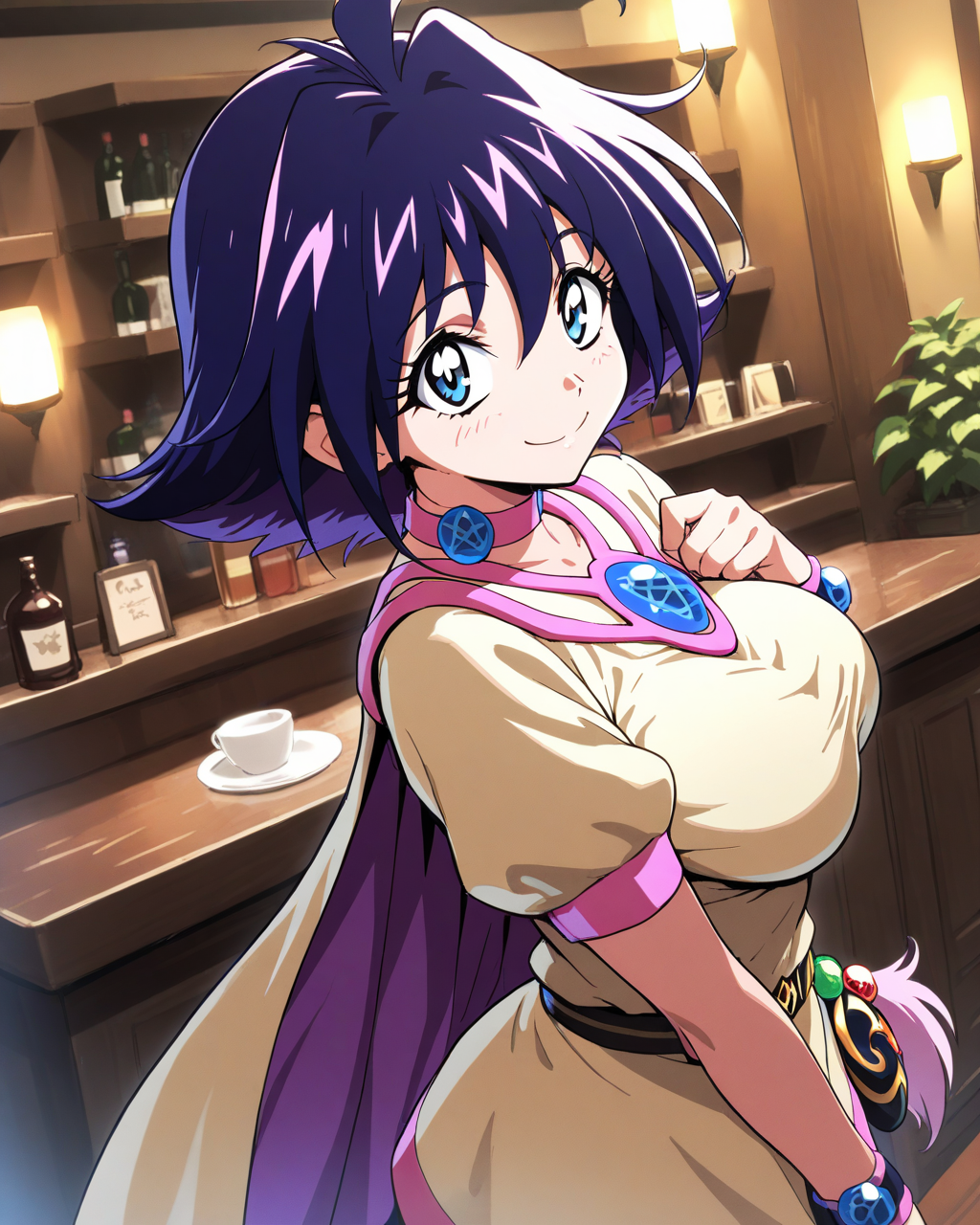 1girl,
AmeliaSlayers,
safe, solo, dutch angle, from side,
looking at viewer,
pink choker, pentacle, 
dating, smile,
shopping, hand on own chest,
multicolored cape, brooch, pentagram,
taut clothes,
short sleeves, bracelet,
large breasts,
belt, 
boots,
medieval, hotel, counter, 
depth of field,
<lora:kp_AmeliaSlayersAnimagineXL_v1_0:1.0>
masterpiece, high score, great score, absurdres