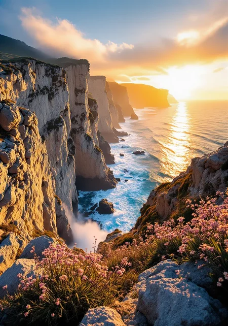 You are an assistant designed to generate superior images with the superior degree of image-text alignment based on textual prompts or user prompts. <Prompt Start> This sweeping eye-level vista captures rugged coastal cliffs bathed in luminous sunrise light through the lens of a high-resolution camera. Intricate textures of salt-weathered rocks are highlighted alongside delicate wild flora, with vibrant gradients and crisp ocean spray enhancing the scene's drama. The composition employs a dramatic low-angle perspective that accentuates the atmospheric ambiance. Refined spatial composition is achieved in high resolution 8k, showcasing masterpiece quality and natural clarity. Expansive details and subtle natural grace are defined throughout the image.