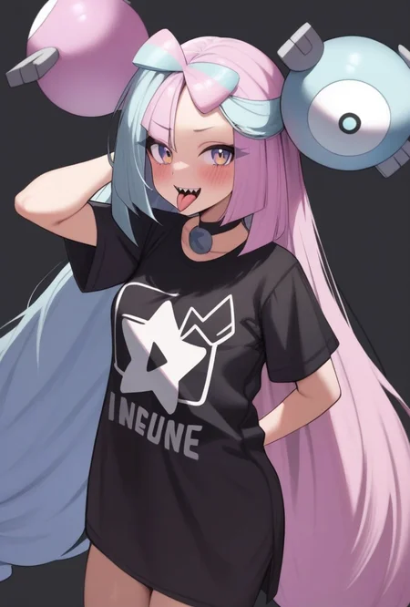 masterpiece,best quality,very aesthetic,absurdres,<lora:iono_(pokemon):1>,blush,short_sleeves,simple_background,sharp_teeth,tongue_out,smile,solo,black_choker,clothes_writing,star_\(symbol\),looking_at_viewer,open_mouth,highres,t-shirt,english_text,black_shirt,iono_\(pokemon\),1girl,grey_background,