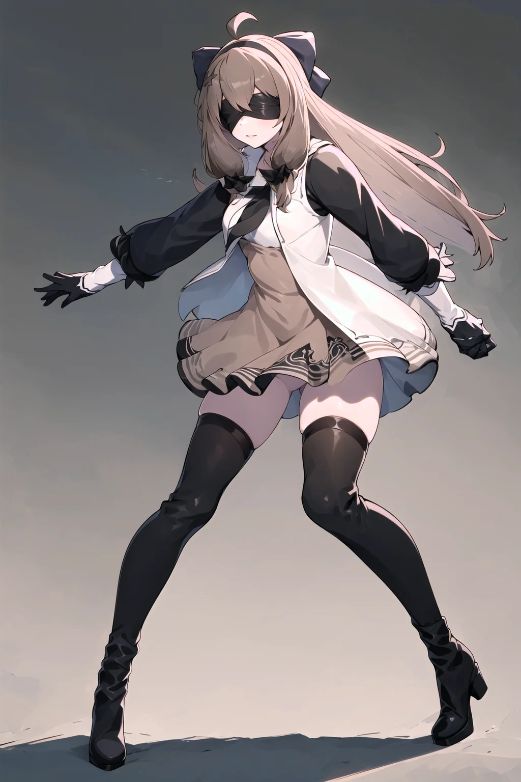 masterpiece, best quality, 1girl, solo, [<lora:jiaranV23:1>:<lora:2bNierAutomataLora_v2b:0.6>:0.6], jiaran, official dress, (light brown hair), (hair bow), long hair, full body,
yorha no. 2 type b, 1girl, black blindfold, black dress, black hairband, blindfold, boots, covered eyes, dress, feather-trimmed sleeves, feather trim, gloves, hairband, high heel boots, high heels, juliet sleeves, katana, leather, leather boots, long sleeves, nier \(series\), nier automata, puffy sleeves, thigh boots, thighhighs, thighhighs under boots,