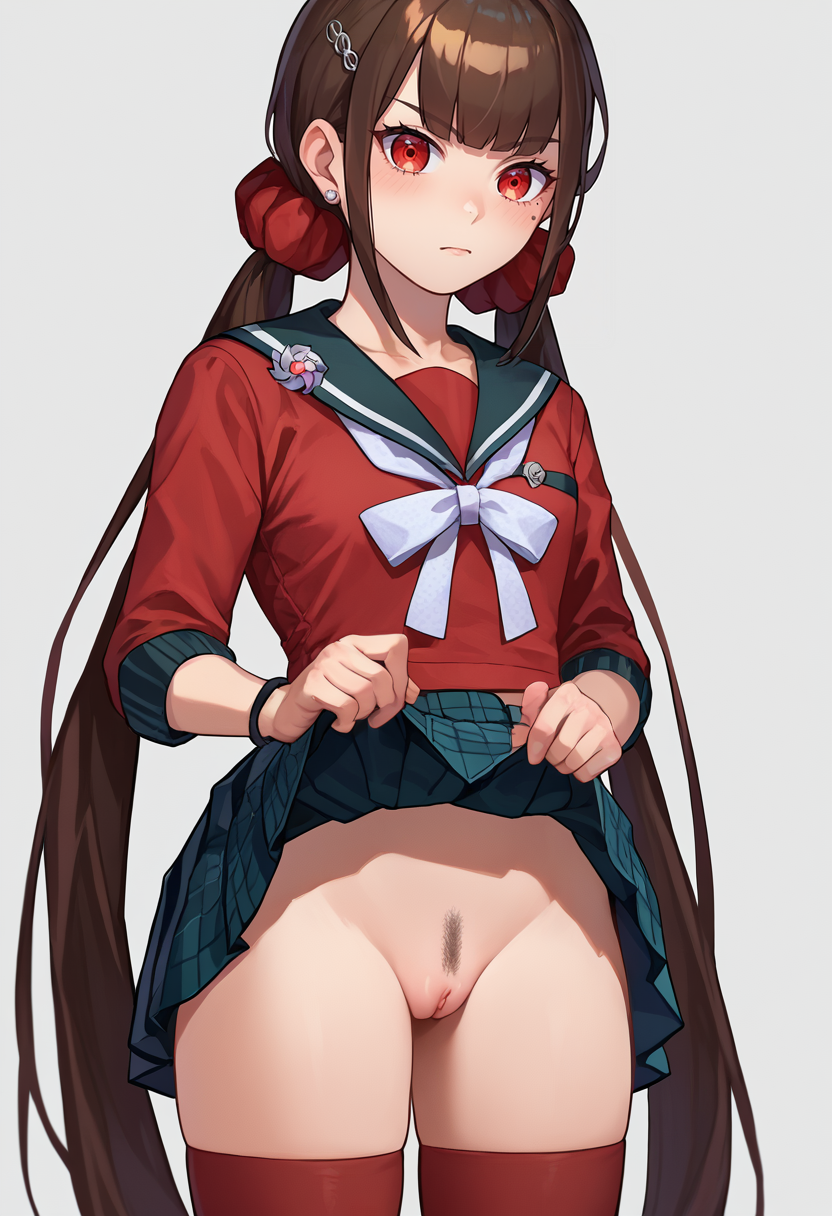 score_9, score_8_up, score_7_up, source_anime,  landing strip,  pubic hair,  1girl, pussy,     <lora:landingStripXL1-000008:1>     <lora:MakiPDXLCAME:1> Harumaki, 1girl, low twintails, red eyes, brown hair, mole under eye, hairclip, red shirt, brooch, pleated skirt, white bow, red thighhighs, red scrunchie, skirt lift,