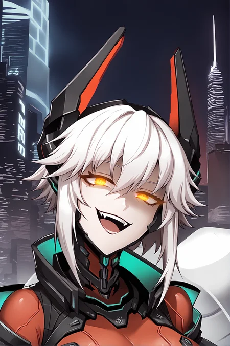 score_9,
<lora:gesugao_v1_pruned:1>, gesugao, evil smile, open mouth, sadistic, half-closed eye, glowing eyes,
<lora:zentreya_v1_pruned:1>, zentreya, zencyber, red bodysuit, white hair,
upper body, looking at viewer,
futuristic, outdoors, city, neon, night, dark,
high resolution, Masterpiece