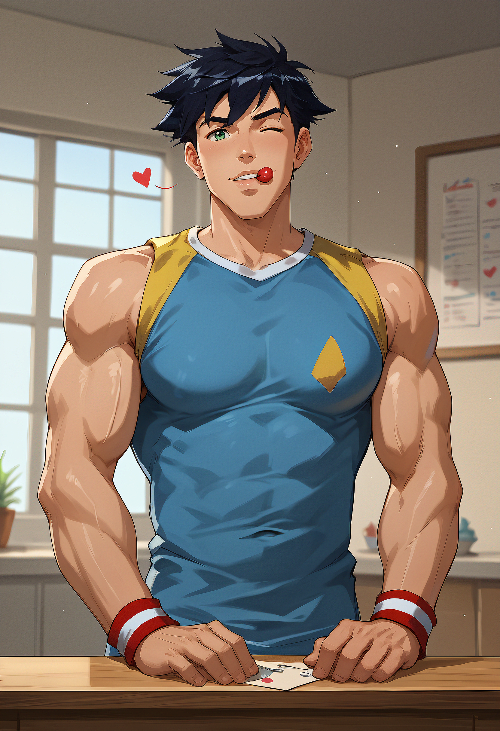 embedding:Pony\Positive\zPDXL3, score_9, score_8_up, score_7_up, 1boy, blaine_ts!, male focus, solo, muscular male, messy hair, black hair, green eyes, board shoulders, large biceps, laterals wristbands, yellow blue jersey, pucker lips, blowing a kiss, heart, extend arm forward, wink, best quality, high resolution, masterpiece.