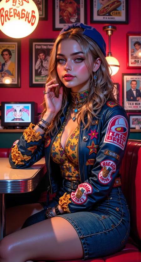 Portrait shot of a photorealistic woman sitting in a diner booth surrounded by lava lamps and framed Beavis & Butthead posters. Her jacket is covered in Taco Bell patches, her armor shoulder pads shaped like nacho trays, and her lipstick is blue raspberry.
photorealistic, 90s slacker aesthetic, funky food fashion, diner ambiance, vibrant color, offbeat and stylish
fmlas-mk.1, mythp0rt,