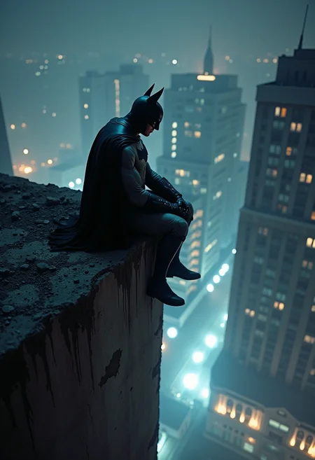 batman sitting on the root of a building at night surrounded by white space, looking down below at the small people below, zoomed out shot