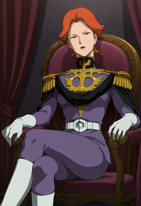 masterpiece, best quality, good quality, <lora:GOKycilia:1>, GOKycilia, 1girl, solo, orange hair, red eyes, lipstick, earrings,
purple zeon military uniform, white belt, cape, capelet, white gloves,
white boots,
looking at viewer, crossed legs, sitting, on chair, 
BREAK indoors, light, purple curtains,