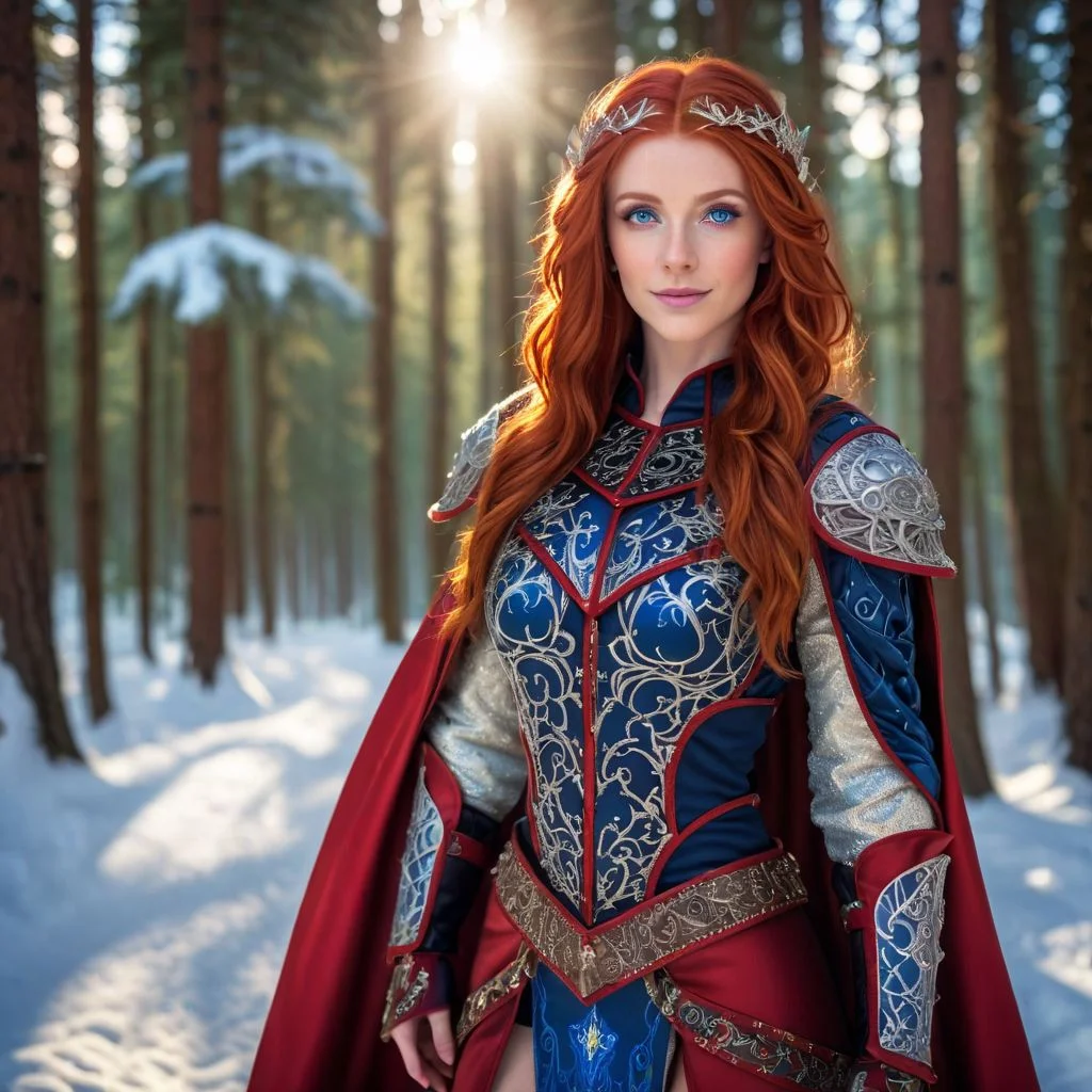 Odessa, masterpiece, 1girl, solo, red hair, long hair, smile, circlet, pants, cape, armor, closeup, full body, outdoors,(masterpiece:1.1), (best quality:1.1), 1girl, Real light and shadow, photo-realism, raytracing, 4k, 8k, wallpaper,epic, detail texture, red hair, (blue eyes:1.5), ((((red hair:1.35, medium hair)))), intricate eyes, beautiful detailed eyes, symmetrical eyes, big eyes:1.5, (((lustrous skin:1.5, bright skin: 1.5, skin tanned, shiny skin, very shiny skin, shiny body, plastic glitter skin, exaggerated shiny skin, illuminated skin))), (detailed body,(detailed face)), cute, erotic, daring, (((medieval armor, adventurer man armor, winter coat))), (((intricate outfit, intricate clothes, embroidered outfit, ornate outfit, embroidered clothes, ornate armor))), (dynamic pose:1.0), happy, smile, (centered, scale to fit dimensions, Rule of thirds), ((snowy pine forest at night)), with dark stormy clouds, winter scenery:1.25, ((snow forest background)), Christmas tree, highres, sharp focus, (ultra detailed, extremely detailed), (photorealistic) (extremely detailed CG unity 8k wallpaper), (((vibrant colors,vibrant theme))), (intricate), (masterpiece),(best quality), lean on table, lace dress