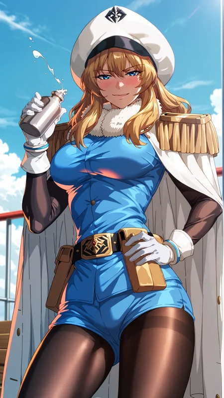 2d, fantasy-style, (zPDXL2), (((cowboy shot))), (((dynamic pose))), (((dynamic angle))), (((sehele style))), webtoon, anime, centered, 1girl, 1woman, upper body focus, ppsh, drunk, holding, holding metal flask, blush, long hair, blonde hair, blue eyes, white hat, white fur trim, white cape, yellow epaulettes, blue top, big breasts, black sleeves, white gloves, bracelets, belt, poaches, black pantyhose, <lora:sd_xl_dpo_lora_v1:1>, <lora:OMG-Is-DucHaiten_v1.0:0.1>, <lora:Seunghee_Lee_Style_PDXL:0.4>, <lora:ManhwaSDXL:1.5>, <lora:ppsh_PonyXL:0.8>