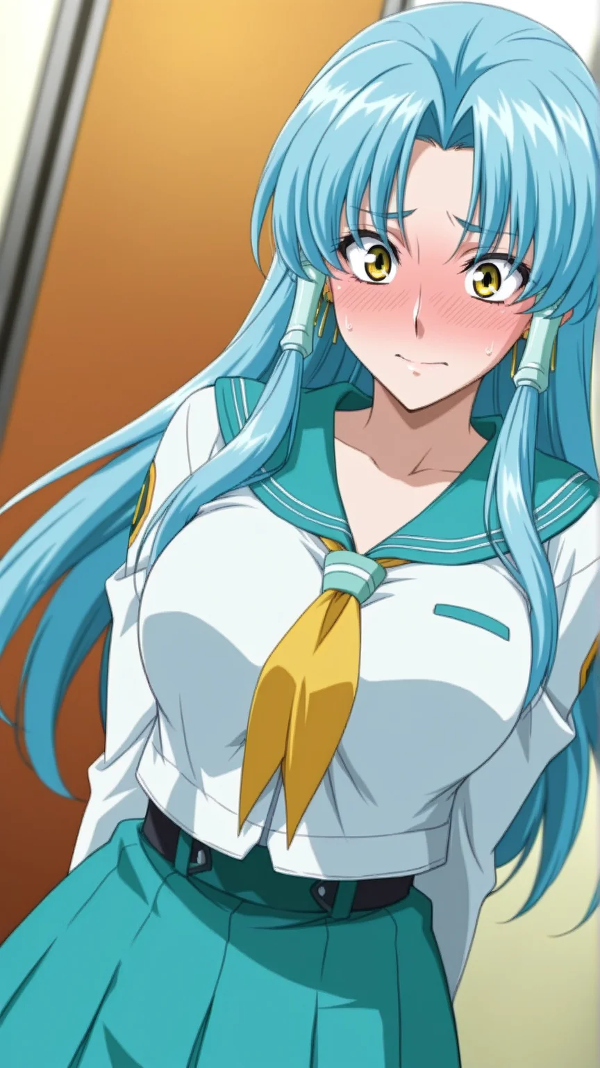 source_anime, general, best quality, masterpiece, 1girl,  <lora:Glacies_ill_v1.1:1> glacies\(srw\),hair tubes, blue hair,yellow eyes, large breasts,long hair,earrings, jewelry,serafuku, flustered,  dynamic pose, dutch angle,