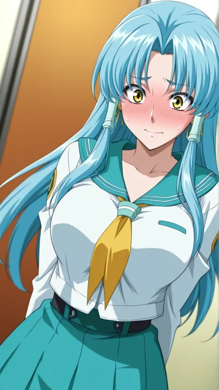 source_anime, general, best quality, masterpiece, 1girl, <lora:Glacies_ill_v1.1:1> glacies\(srw\),hair tubes, blue hair,yellow eyes, large breasts,long hair,earrings, jewelry,serafuku, flustered, dynamic pose, dutch angle,