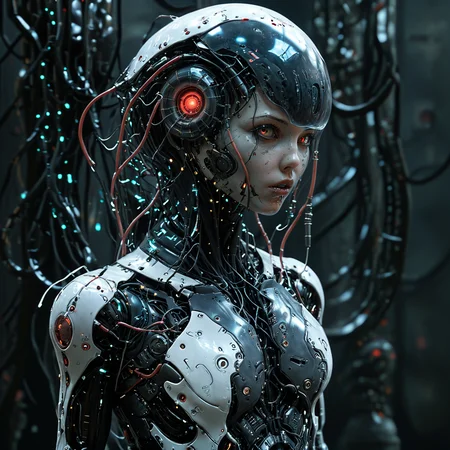 (biopunk sexy woman turning into jellyfish :1.2) with cybernetic features, cinematic, cyberpunk elements, amazing detailed, grim sci-fi, biomorph, organic and mechanical, natural light, beautiful cleavage, glowing red eyes  <lora:Dark_Futuristic_Circuit_Boards:0.6>  circuitboard, dark futuristic  <lora:hyperkraximalism_v1-1:0.2> <lora:Faceless_Cyborgs:0.85>