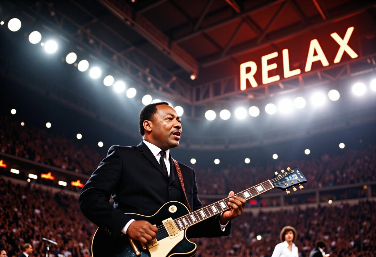 Grit rush reality, when the time-traveling Reverend Martin Luther King Junior wearing a suit looked completely out of place, playing a Jackson Dinky guitar onstage at Wembley, as a member of 1980s new wave band Frankie Goes to Hollywood as lights flashing the word "RELAX" appear in the background, at Live Aid in 1985, taken from afar by a fan in the 4th row of the crowd on a disposable Kodak color camera.