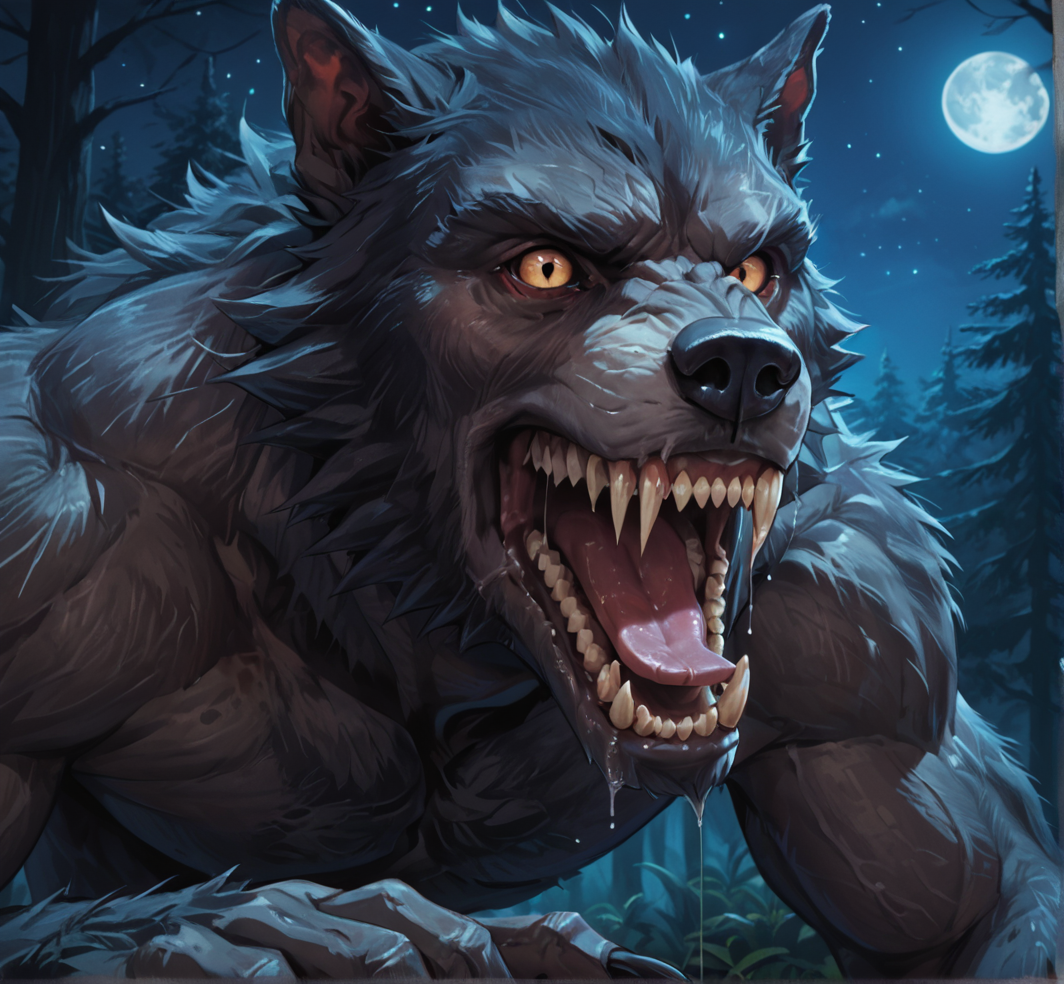 score_9_up,score_8_up,score_7_up,score_6_up,score_5_up,score_4_up, detailed, (best quality:1.2), hi res, digital media \(artwork\), rating_explicit, source_furry, source_monster, zPDXL3, BREAK,
dark forest, night time, stars, moon, portrait, close up, (three quarter view), side view, 
w3rewolf, [werewolf], monster, scary, horror, muscular, sharp teeth, black scelra, claws, mottled skin, pitch black fur, black skin, ((closed mouth)), drool, saliva, saliva strand,
<lora:Werewolf for PonyXL_v2:0.75>