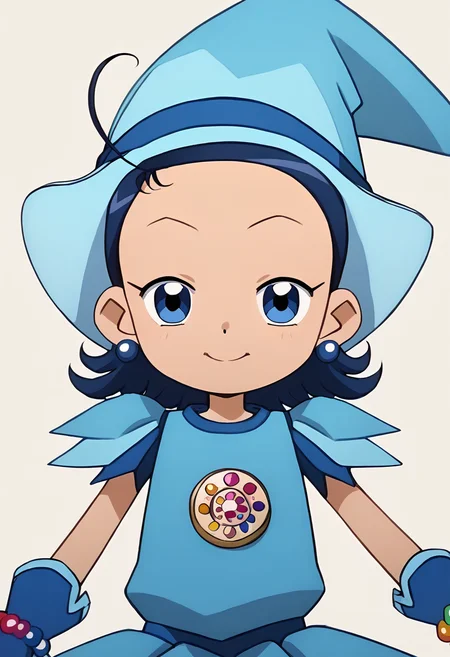 score_9, score_8_up, score_7_up, score_6_up, score_5_up, score_4_up, masterpiece, source_anime BREAK 1girl, c-aiko, blue hair, short hair, blue eyes, ahoge, blue witch hat, blue dress, short sleeves, necklace, jewelry, blue earrings, bead bracelet, blue gloves, looking at viewer, simple background, beige background,  <lora:Aiko_Seno_PONY_c:1>
