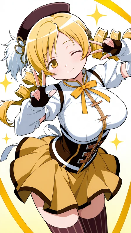 dynamic angle, solo, smile,, cute pose, v-pose, v, wink, cute, sparkle, sparkles,, masterpiece, best quality, amazing quality, very aesthetic, absurdres, newest, anime screencap, <lora:mamitomoeILM:1>, tomoe mami, yellow eyes, drill hair, twin drills, twintails, long hair, very long hair, blonde hair, hair ornament, breasts, large breasts, magical girl, brown hat, beret, corset, detached sleeves, puffy sleeves, gloves, ribbon, bow, bowtie, yellow ribbon, miniskirt, pleated skirt, yellow skirt, zettai ryouiki, vertical-striped clothes, vertical-striped thighhighs, brown thighhighs,