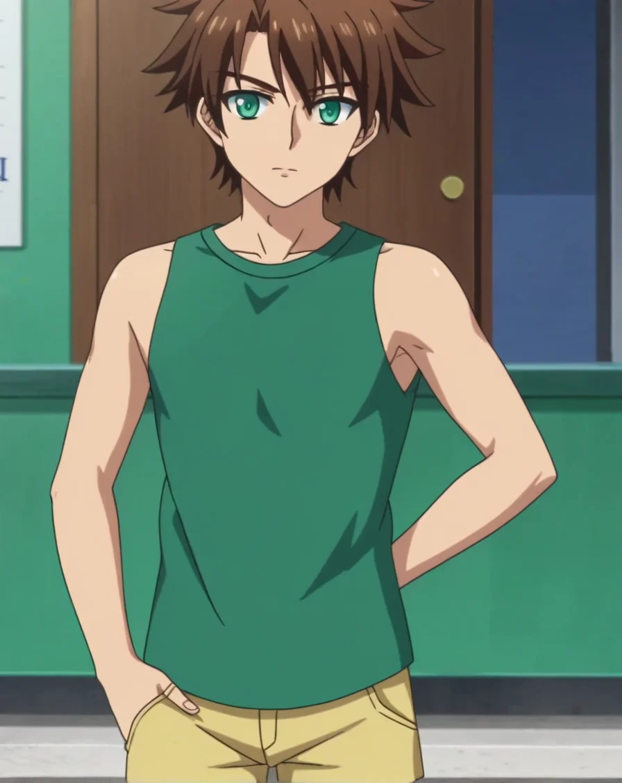 score_9, score_8_up, source_anime, anime screencap, original style, depth of field, BREAK, rating_safe, 1boy, solo, male focus, <lora:toujou_basara_pony:1>, toujou_basara_pony, brown hair, green eyes, short hair, bangs, cowboy shot, sleeveless shirt, green shirt, shorts, thighs, expresionless, standing, looking at viewer, facing viewer, <lora:sdxl_lightning_8step_lora:1>