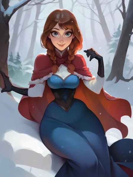 score_9, score_8_up, score_7_up, score_6_up, 1girl sitting on the snow, blue dress, long skirt, elbow gloves, red cape, capelet, corset, twin braids, medium breasts, narrow waist, wide hips, thick thighs, looking at viewer, dynamic pose, smile, cute, solo, cowboy shot, forest, winter, trees, realistic, cute, cartoon, from above,
<lora:AnnaXLP_character:0.8>AnnaXLP <lora:Bonifasco_PonyXL_v1:1>