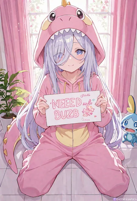 (holding sign with text "need buzz", ) (beautiful girl), dinosaur costume, high quality, detailed, 8k, Intricate details, long hair on bangs,(:3), UHD, detailed depiction, ephemeral beauty, eye highlights.background is plants dreaming A bright room, beautiful light and shadow on the walls and floor, gentle brushstrokes, pastel colors, delicate pastel hues, dreamy,Sobble, masterpiece, best quality, very aesthetic, high resolution, beautiful light.(background is kawaii with dreaming world) droopy masterpiece, best quality, very aesthetic,beautiful light, beautiful shadow.