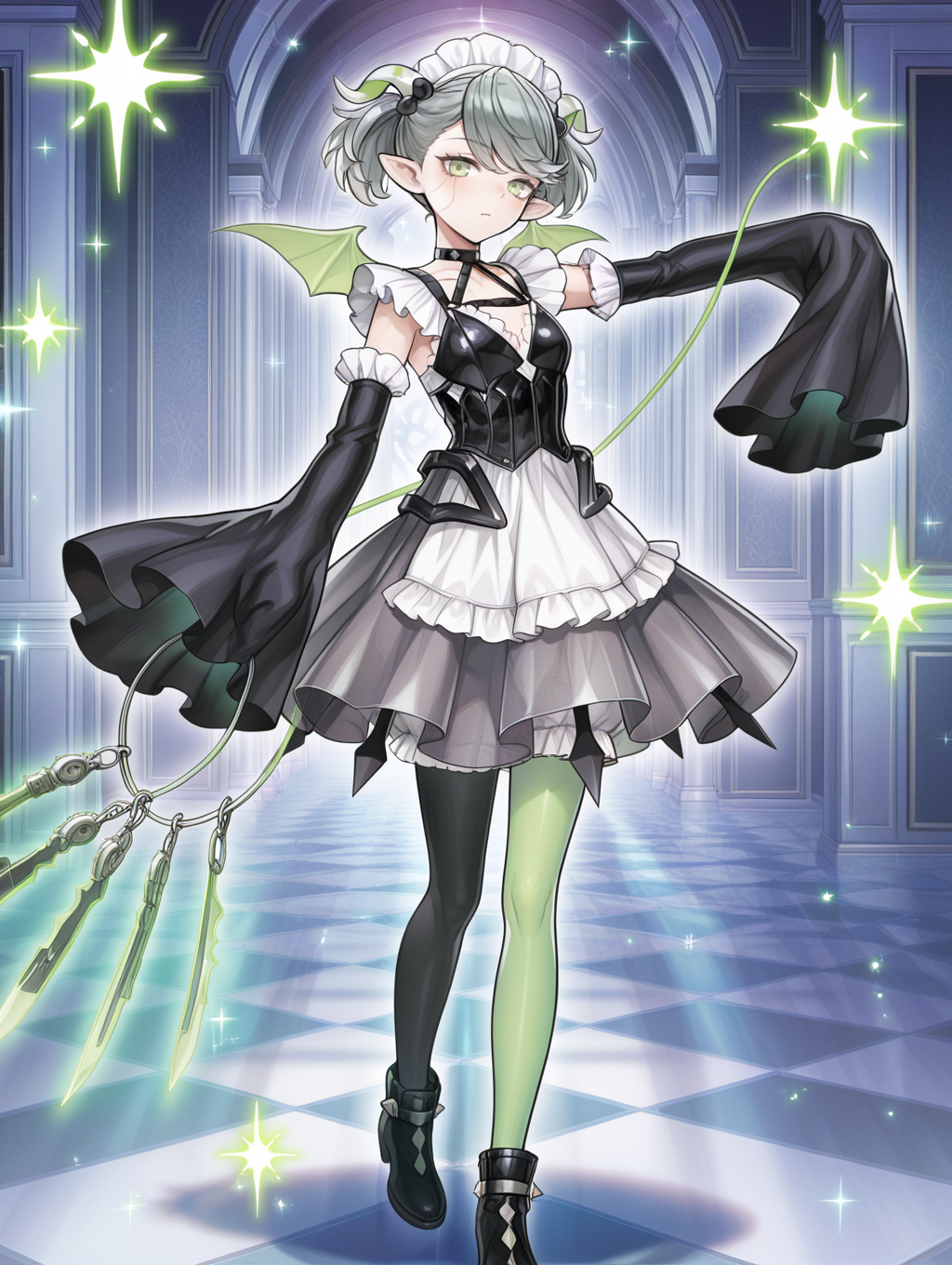 arianna the labrynth servant,1girl,solo,looking at viewer,holding keyring,black heel boots,small breasts,standing,keyring,white maid headdress,black hair bow,black corset,black wide sleeves,white maid dress,mismatched legwear,sleeves past fingers,scar on face,checkered floor,indoors,weapon over shoulder,official art,sparkle,green floating crystal,
masterpiece,best quality,amazing quality,very aesthetic,absurdres,newest,<lora:Arianne and  Arianna the Labrynth Servant illusXL v1.1:0.75>,